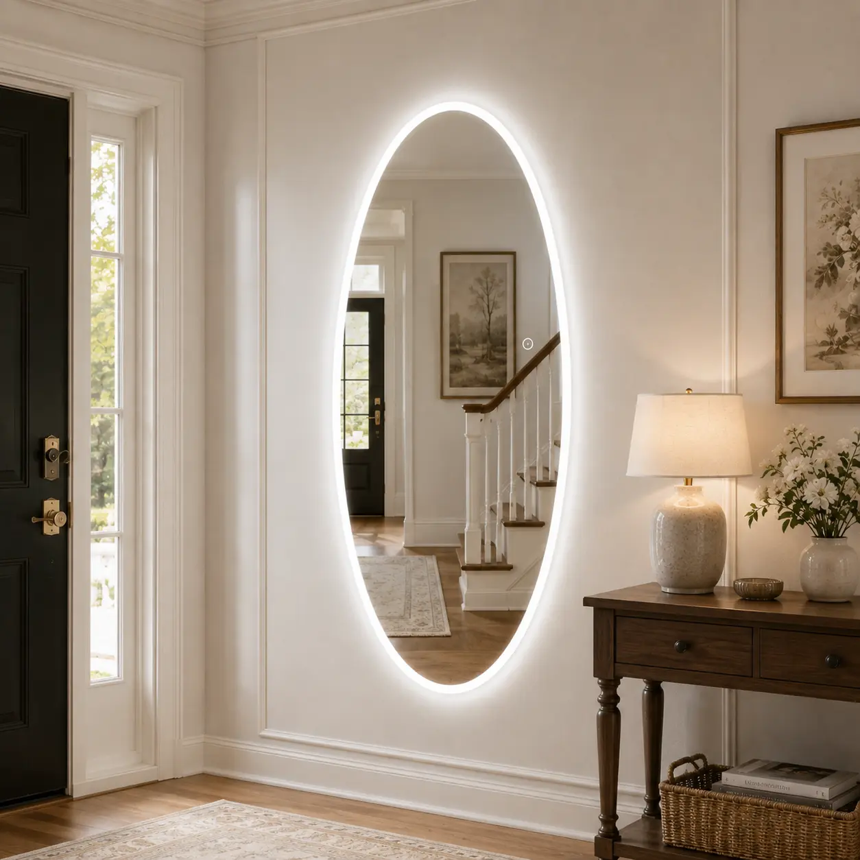 Oval LED Full Length Wall Mirror, Tempered Glass Body Mirror with 3 Color Lighting, Dimmable Touch Control Wall Mounted Mirror for Bedroom Entryway Cloakroom