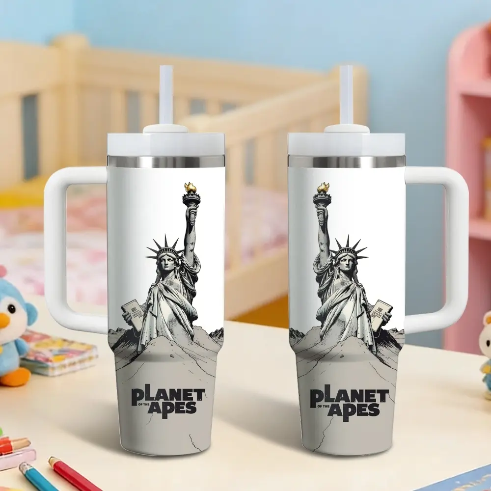 Sci-Fi Liberty Statue Vacuum Flasks 40oz Stainless Steel Vacuum Insulated Tumbler with Handle and Straw - Leak Resistant Travel Coffee Mug - Keeps Cold for 24 Hours - Cupholder Friendly Water Cup for Gym and Office