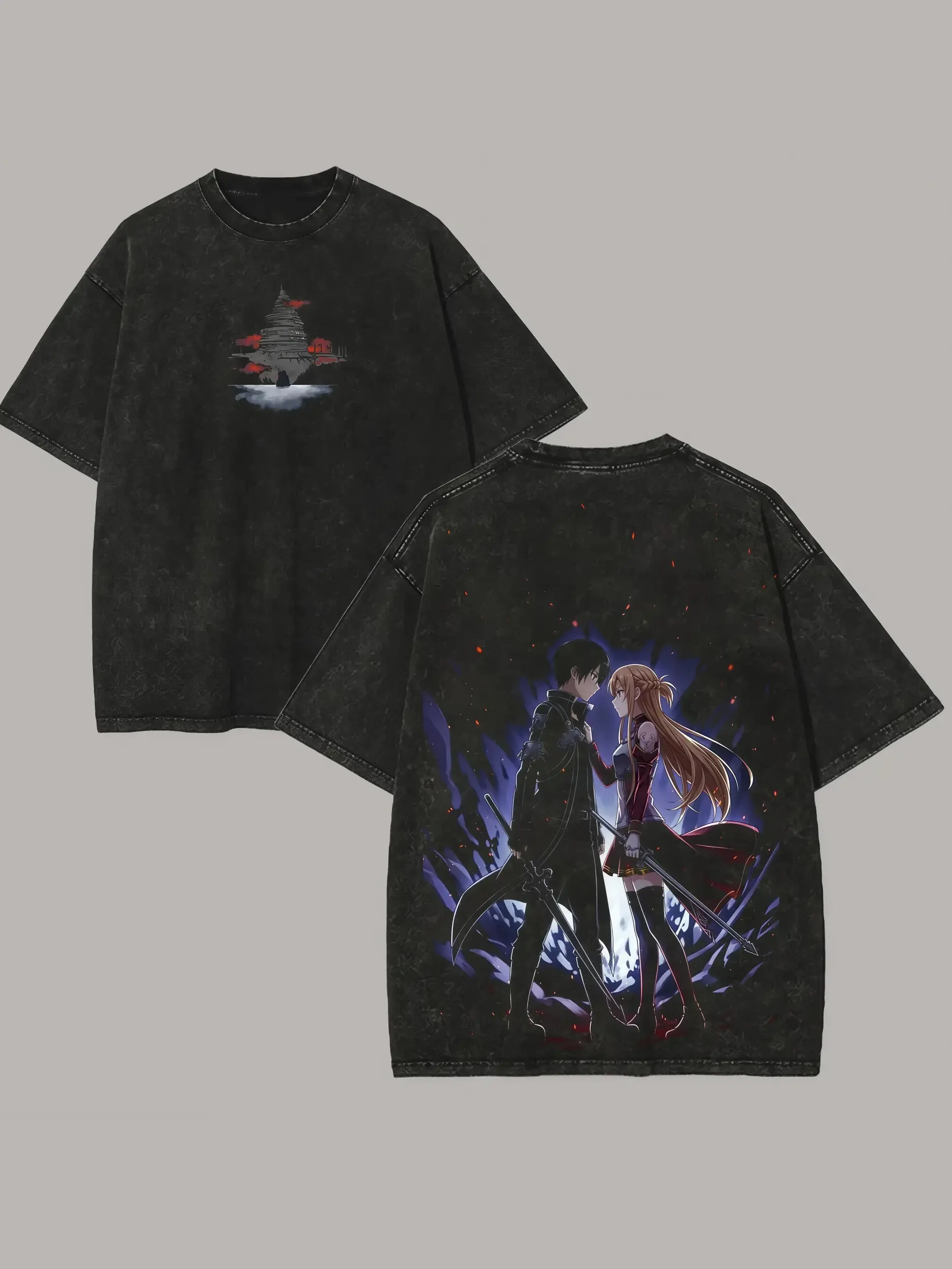 Men's Sword Art Online Distressed Washed Round Neck Short-Sleeve Casual T-Shirt - Unisex Plus Size Menswear Figure Sports Top, Anime Lovers' Year-Round Personality Vintage Print Apparel