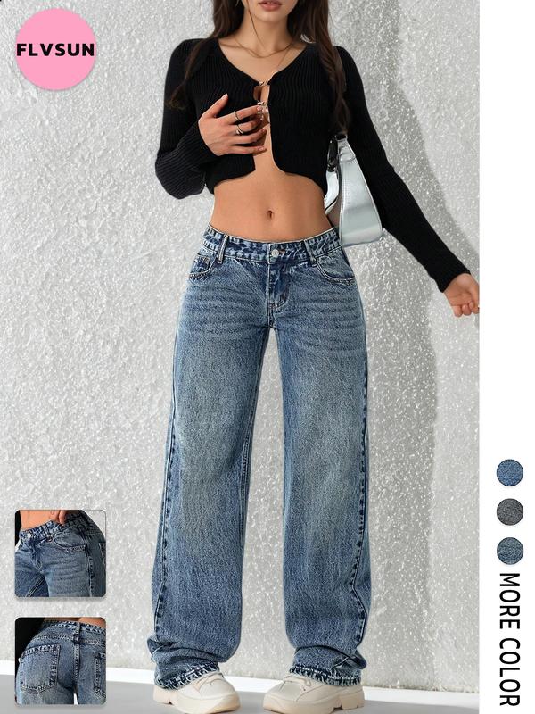 Flvsun-Women Y2k Low Rise Baggy Jeans Loose Fit Boyfriend Straight Wide Leg Jeans Trendy Stretch Long Denim Pants