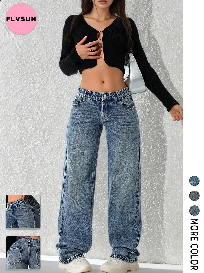 Flvsun-Women Y2k Low Rise Baggy Jeans Loose Fit Boyfriend Straight Wide Leg Jeans Trendy Stretch Long Denim Pants