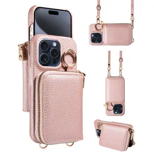 iPhone & Samsung Phone Case with Stand Full Body Protection Shockproof Crossbody Wallet Cover PU Leather Trendy Design Card Slot Holder Custom Monogram Pink Striped Phone Case cute