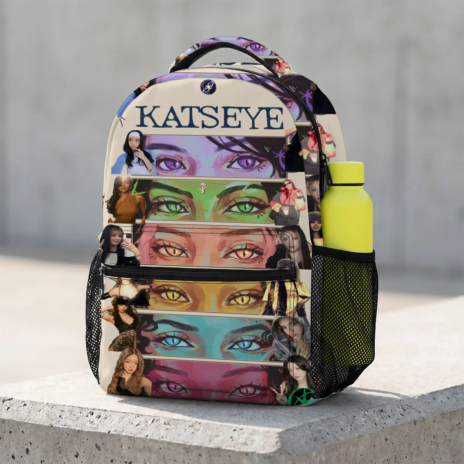 Katseye Cute Cartoon 17-Inch Backpacks for School, Kawaii Print Bookbag, Large Travel Daypack with Water Bottle Holder for Teens