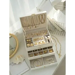 Three Layers Of Double Selection Faux Leather Jewelry Storage Box, Exquisite Necklace Earrings Golden Jewelry Hand Jewelry Box, Large Capacity Jewelry Organizing Box, Lock And Soft Lined Drawer - The Ideal Gift For Women Gift For Valentine's Day