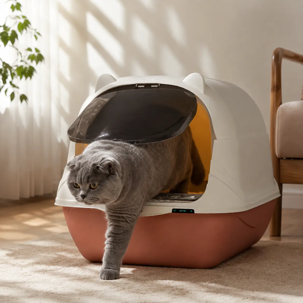 Fully enclosed UV sterilization    with odor removal and recirculating ventilation; spacious top-mounted design;  quiet slow-close door; 360° air circulation; suitable for medium to large cats. litter box cat low dust anti-urine leakage big free scoop pet