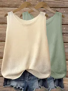 Women's Solid Color Round Neck Sweater Vest, Casual Fashion Sleeveless Knit Top for Summer, Ladies Knitwear for Daily Wear