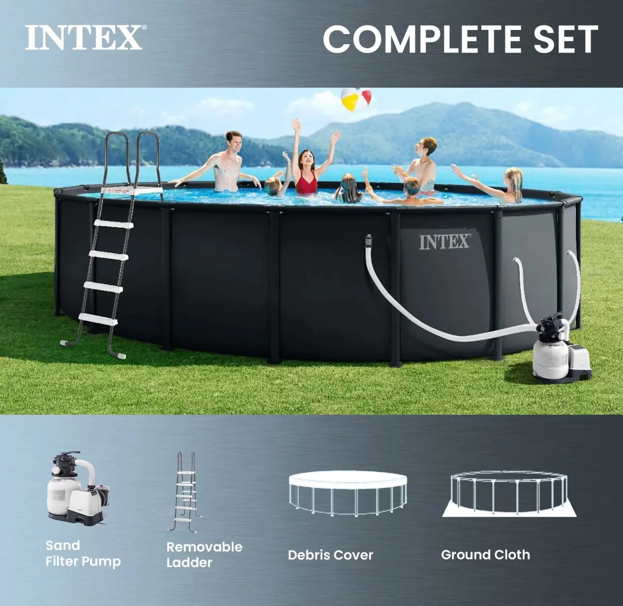 INTEX 18ft Ultra XTR Round Metal Frame Swimming Pool Set – 52in Deep with Pump, Removable Ladder, Debris Cover