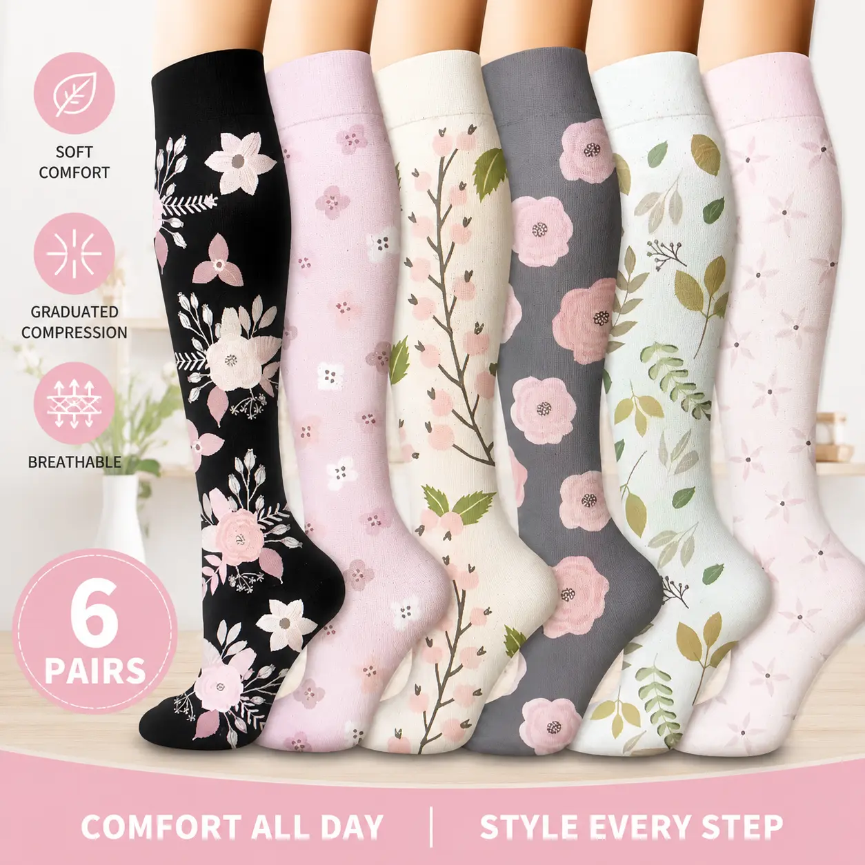 6 Pairs Floral Compression Socks for Women & Men, Flower Print Elastic Support Socks, Comfortable Leg Compression Socks for Running, Travel, Standing, Workout & Daily Wear