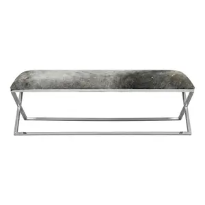 Backless Armless Gray Cowhide Upholstered Bench - Modern Contemporary Indoor Stool for Living Room Entryway, Ideal for Busy Household with Natural Richness