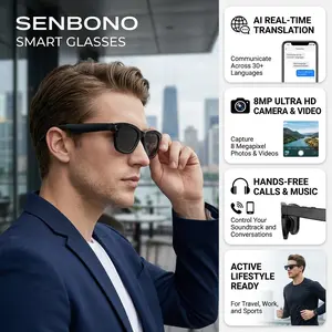 Senbono Ai Multifunctional Smart Glasses, 8MP HD, Anti-Shake, Real-Time Translation, Dual Mic, Noise Reduction, Ideal for Cyclists