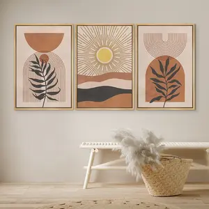 Print Wall Art Set of 3 Geometric Sun Jungle Palm Leaf Abstract Illustrations Mid Century Modern Art Boho Decor Glossy Frames
