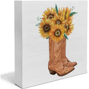 Sunflower Cowboy Boots Wood Box Sign Rustic Decor for Home Desk Shelf Wall Decoration