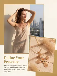 Women's Vintage Byzantine Cross Necklace, Intricate Carved Gemstone Inlay, Adjustable Length, Easy to Wear, Casual and Formal