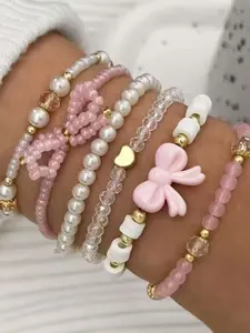 6 Pcs Glass Bead Faux Pearl Soft Clay Bracelets Set, Cute Y2K Bow Heart Design, Handmade Layered Jewelry for Women, Beaded Bracelet