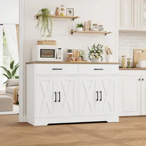 HOSTACK Buffet Cabinet, Coffee Bar with 2 Drawers, Shelves, 4 Doors, Modern Farmhouse Kitchen Sideboard Buffet, Wood Storage Cabinet