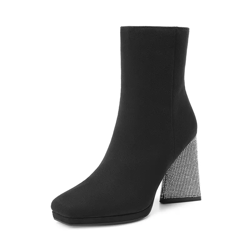 Dream Pairs Women's Synthetic Faux Suede Sock Ankle Boots - Square Toe Chunky Heel, Rhinestones Decorative Comfortable Formal Statement Shoes, Crystal, Sock Look, All Seasons, Elegant, Trendy Sock-Like Design