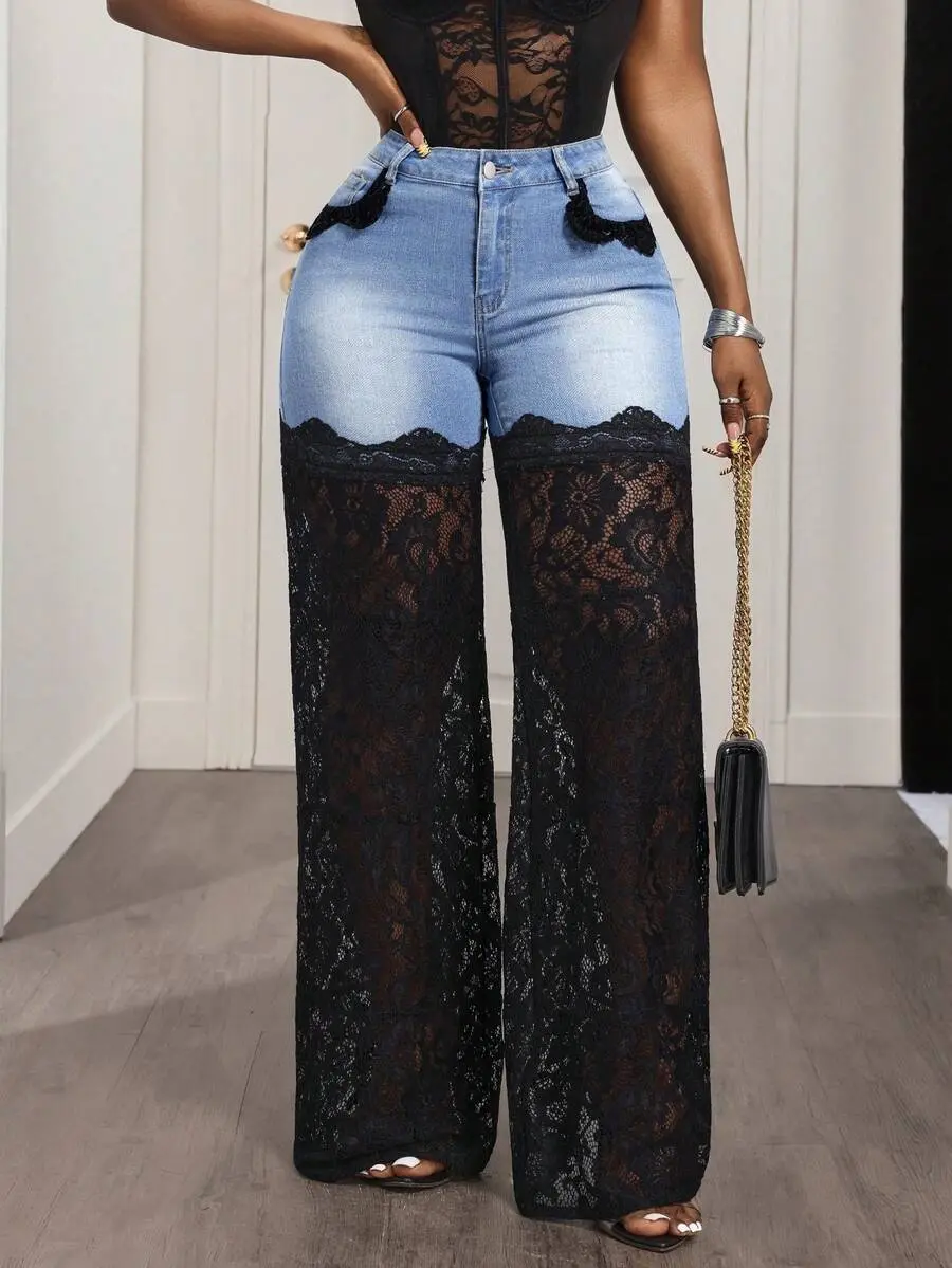 Y2K Lace Patchwork Wide Leg Jeans for Women Sexy Sheer Mesh Streetwear Baggy Denim Pants