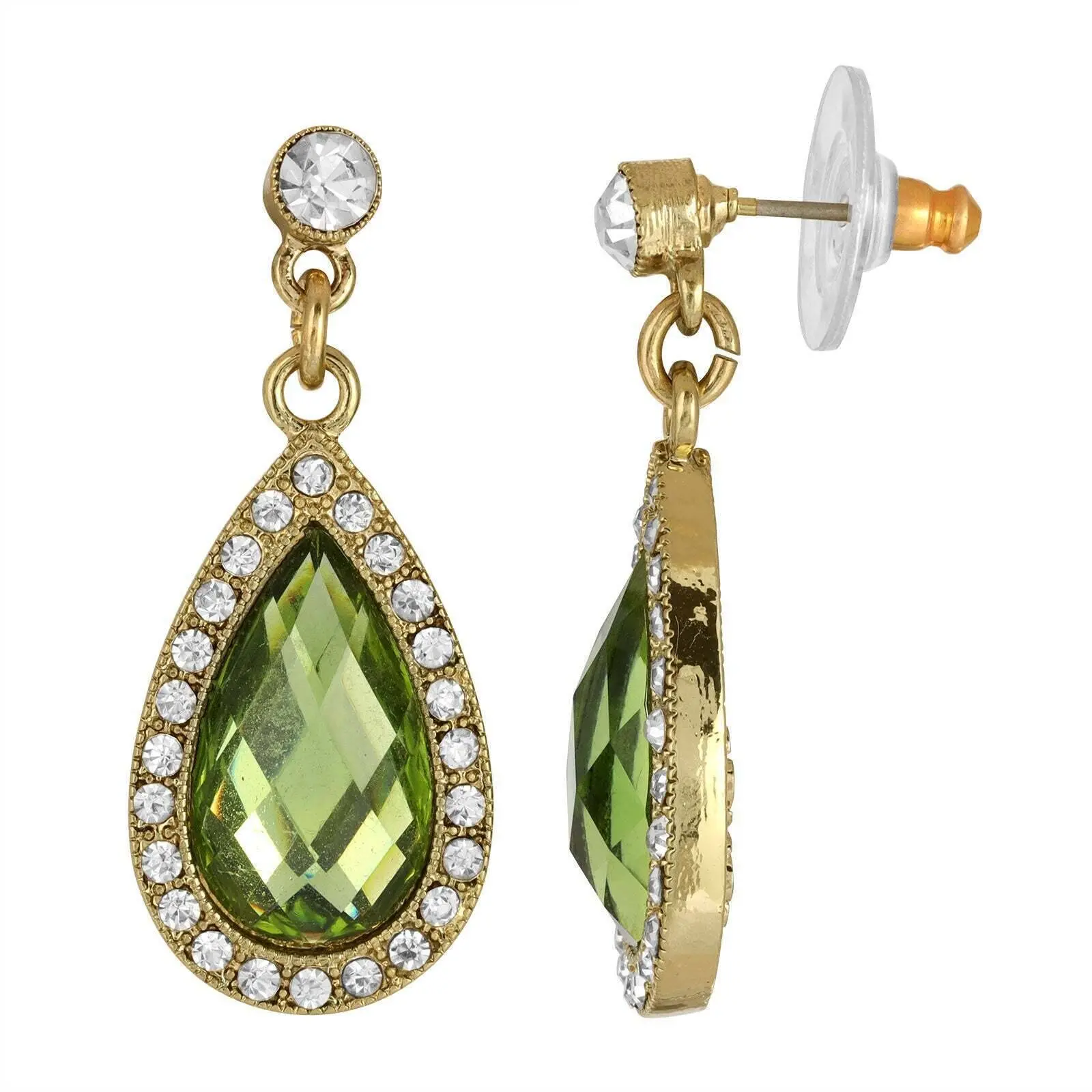 Peridot Green Teardrop European Clear Crystal Accent Teardrop Earrings