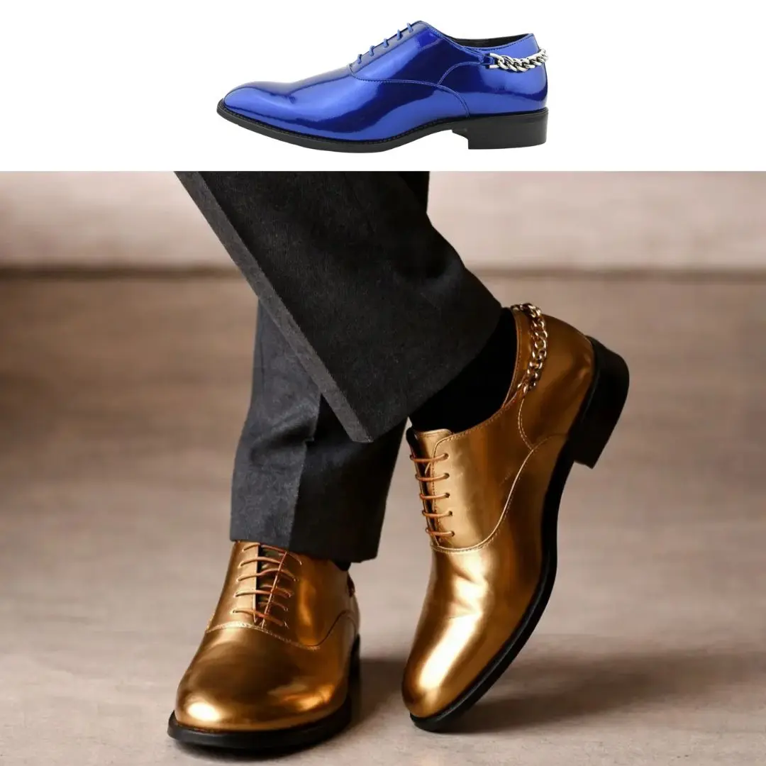 Bolano Men's Chainz - Cuban Chain Heel Detail, Luminous Patent Dress Shoes, Modern Silhouette Smoking Slippers