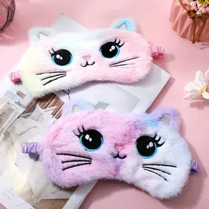 2 Piece Plush Eye Mask Soft Sleep Mask Comfortable Cute Animal Design Gift for Women Men Cat Style Colorful Girls Travel Night Eyemask
