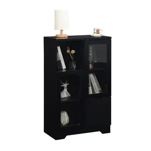 25.6*11.8*39.4 Inch Black MDF Storage Cabinet, Handleless Glass Doors with Adjustable Shelves, Open Compartment Modern Display Sideboard for Bedroom Living Room Entryway Office