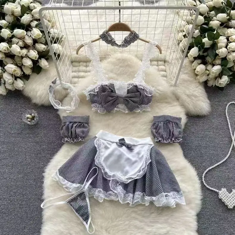 Women's Sweet Pink Maid Cosplay Outfit Halter Neck Ruffle Dress with Lace Trim Bow Decoration Apron Style Lingerie for Halloween Party Role-Play, Clothes, Skirt, Costume, Straps