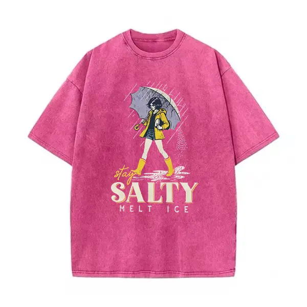 Vintage Washed "Stay Salty Melt Ice" Graphic T-Shirt, 100% Cotton Oversized Retro Umbrella Girl Tee