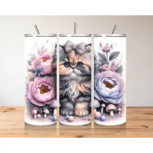 Whimsical Kitten Tumbler - Customizable Floral Fantasy Drinkware