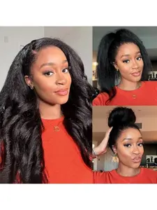 Kinky Straight Glueless Half Wig Human Hair Glueless Wig for Women 180% Density  Wigs Human Hair with Drawstring 3 In 1 Flip Over Half Wigs for Beginner Natural Color Glueless Ponytail Wig