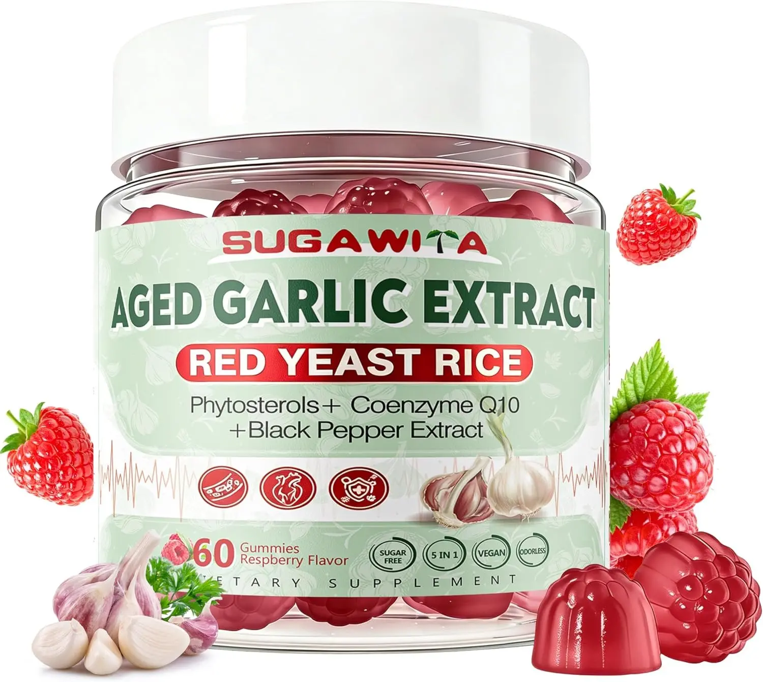 SUGAWITA Odorless Aged Garlic Extract 300mg Gummies with CoQ10, 2-Year Matured Garlic Supplement, Standardized for S-Allylcysteine, Sugar Free Vegan Non-GMO Raspberry Flavor Chewable – 60 Count