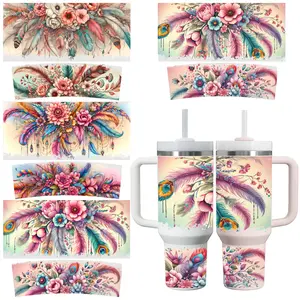 4 Sheets Floral Feather Artistic Design Pattern Print UV DTF Stickers for 40oz Tumblers UV DTF Adhesive Waterproof DIY Cup And side  eyes  sticker