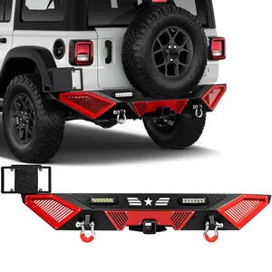Rear Bumper - Compatible with 2018–2024 JP Wrangler JL/JLU, Off-Road Rock Crawler Full-Width Bumper with LED Lights, 2" Hitch Receiver, D-Rings & Red Paintable Armor