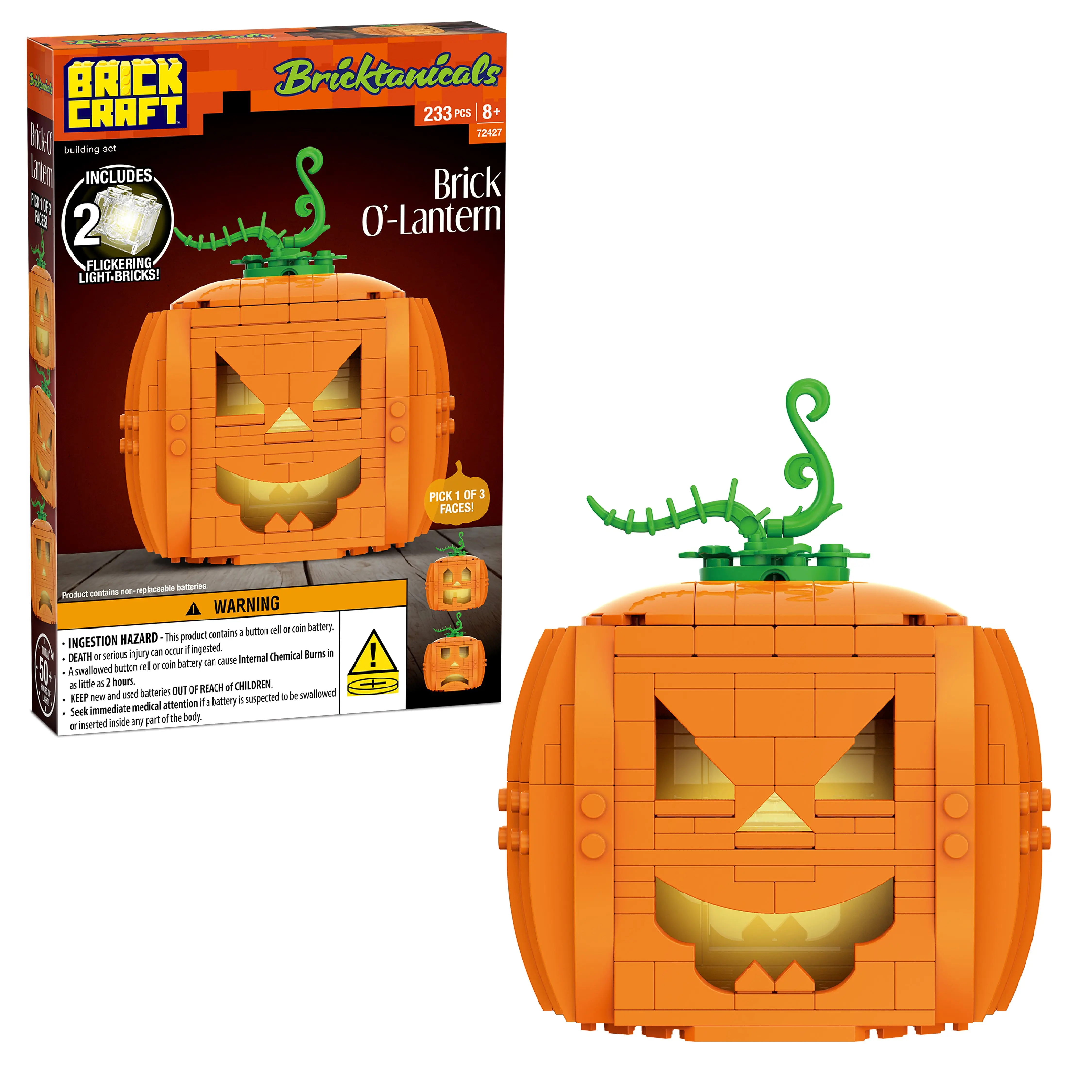 Brickcraft Brick-O’-Lantern Building Set, 233-Piece Light-Up Halloween Pumpkin Jack-O’-Lantern Model Kit for Kids & Adults 8+