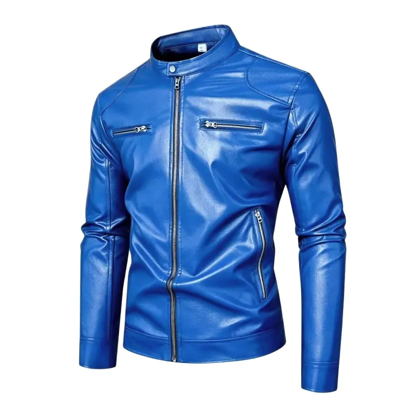 Men's shiny faux leather jacket, zip-up with snap collar – for motorcycle rides, night outs, or city cruising – 100% polyester, windproof & durable – edgy, protective, and effortlessly cool.
