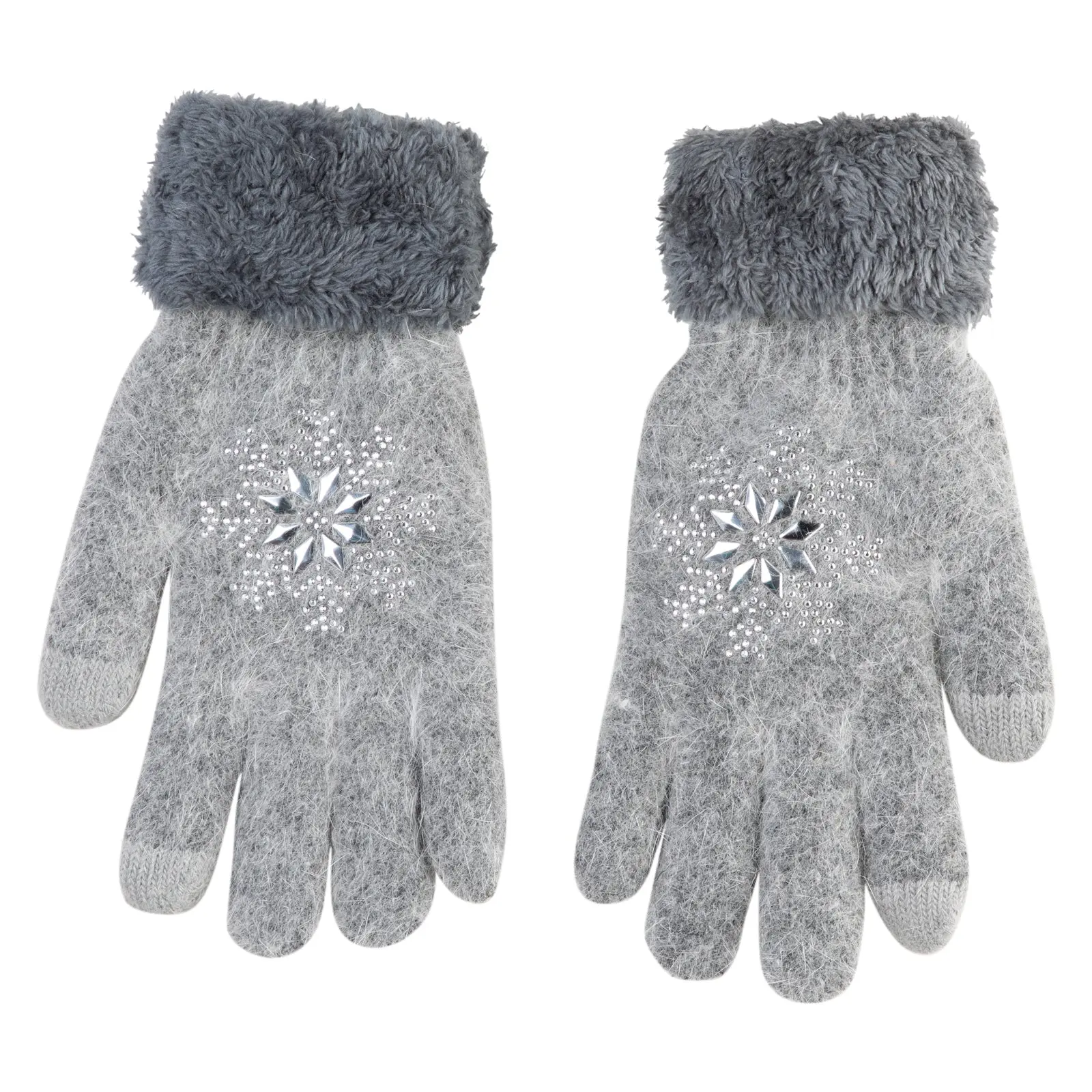 Women's Fuzzy Rhinestone Snowflake Gloves