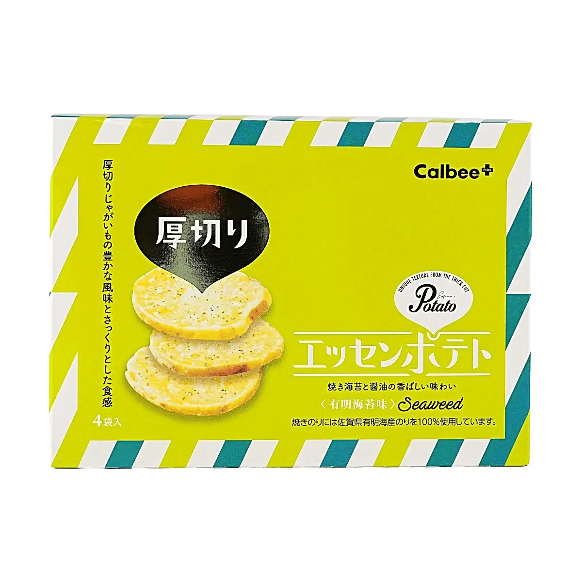 Calbee Japanese Potato Chips - Thick Cut, Ariake Seaweed Soy Sauce Flavor, 4 Bags x 68g - 100% Saga Ariake Nori
