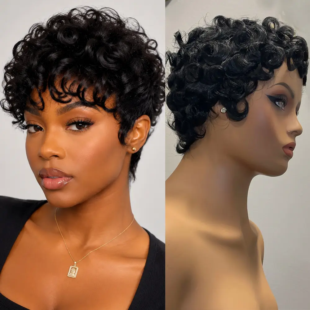 Finger Human Hair Wigs 6Inches Pixie Cut Wigs Short Bob Human Hair Wig Full Machine Made Wigs Glueless 150 density