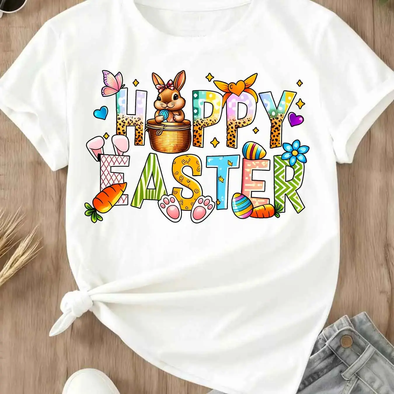 Women's Happy Easter Graphic T-Shirt, Casual Loose-Fitting Short Sleeve Holiday Tops with Round Neck, Comfortable for Spring Celebration, Day, Evening, Machine Washable, Fabric, Soft