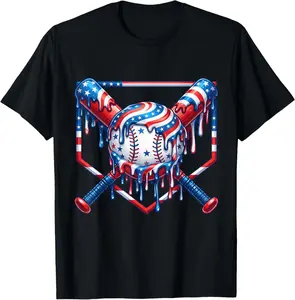 Baseball Drip Patriotic Ice Cream US Flag Youth Boys T-Shirt Cotton Fabric