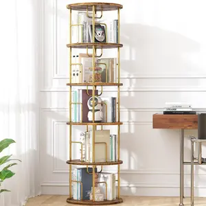 5Tier Rotating Bookshelf, 360 °   Display Stackable Spinning Bookshelf Tower,Round Space Saving Tall Floor Standing Swivel Bookcase Corner Storage Organizer for Bedroom/Living Room/Office,Gold