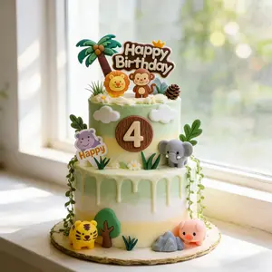 1st Birthday Jungle Cake Decorations Soft Rubber Animal Toppers Dessert Table Set