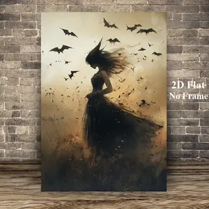 1Pc Unframed 2D Flat Elegant Artistic Enchanted Witch Canvas Art Print Vintage Halloween Gothic Aesthetic Wall Decor Dark Academia Poster for Living Room, Bedroom, Office, and Bar, Halloween Home Decor, Perfect for Room Decor No Frame