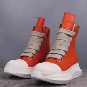designer punk style cowhide Bright Orange Leather Chunky Sole High-Top Street Boots ro wide laces composite bottom thick sole ankle boots for men and women casual height increasing lace up boots genuine leather retro shoes