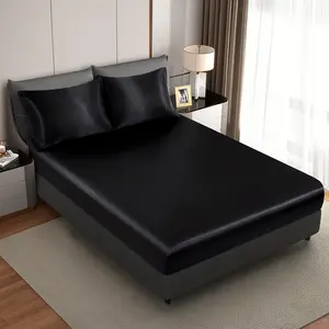 Silk Satin Black Twin Fitted Sheet, Deep Pocket Fitted Sheet Only, Breathable, Non- Fading, Fully Elasticized Bed Sheets Sold Separately