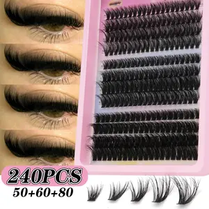 12 Rows 240pcs Curled False Eyelashes, Mixed Thickness 50D+60D+80D, Natural Fluffy Segmented Lashes, DIY Makeup, Beginner Friendly, Versatile Use