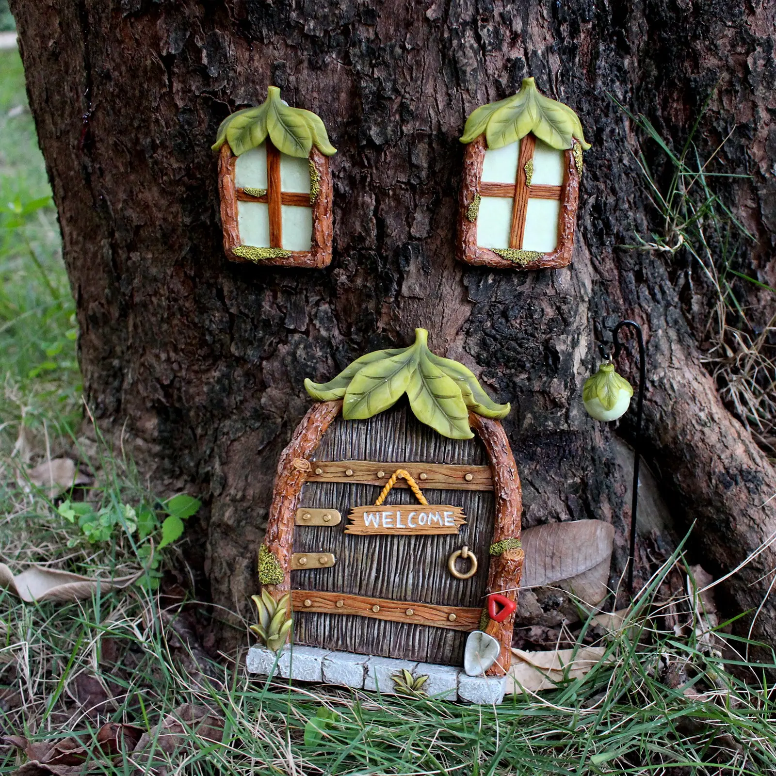 4 Piece Resin Fluorescent Leaf Window Door Set, Resin Sculptures, Mini Gnome Fairy House Windows Trees, Garden Art, Outdoor Decor Accessories