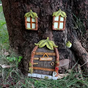 4 Piece Resin Fluorescent Leaf Window Door Set, Mini Gnome Fairy House Windows Trees, Garden Art, Outdoor Decor Accessories