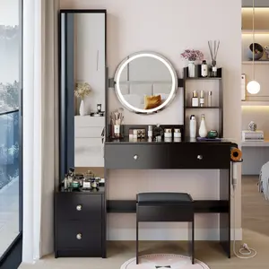 Full Body Mirror Cabinet + Round Mirror LED Vanity Table + Cushioned Stool, With 2 AC + 2 USB Power Station,17" diameter LED Mirror, Touch Control, 3-color, Brightness adjustable, Large Desktop vanity  without  let decofy  vanit vanity  set