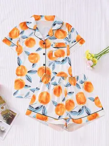 Women's Fruit & Lemon Print Knitted Lightweight Pajama Set, Short Sleeve Button Front Top & Elastic Waist Shorts, Casual Vacation Sleepwear Loungewear