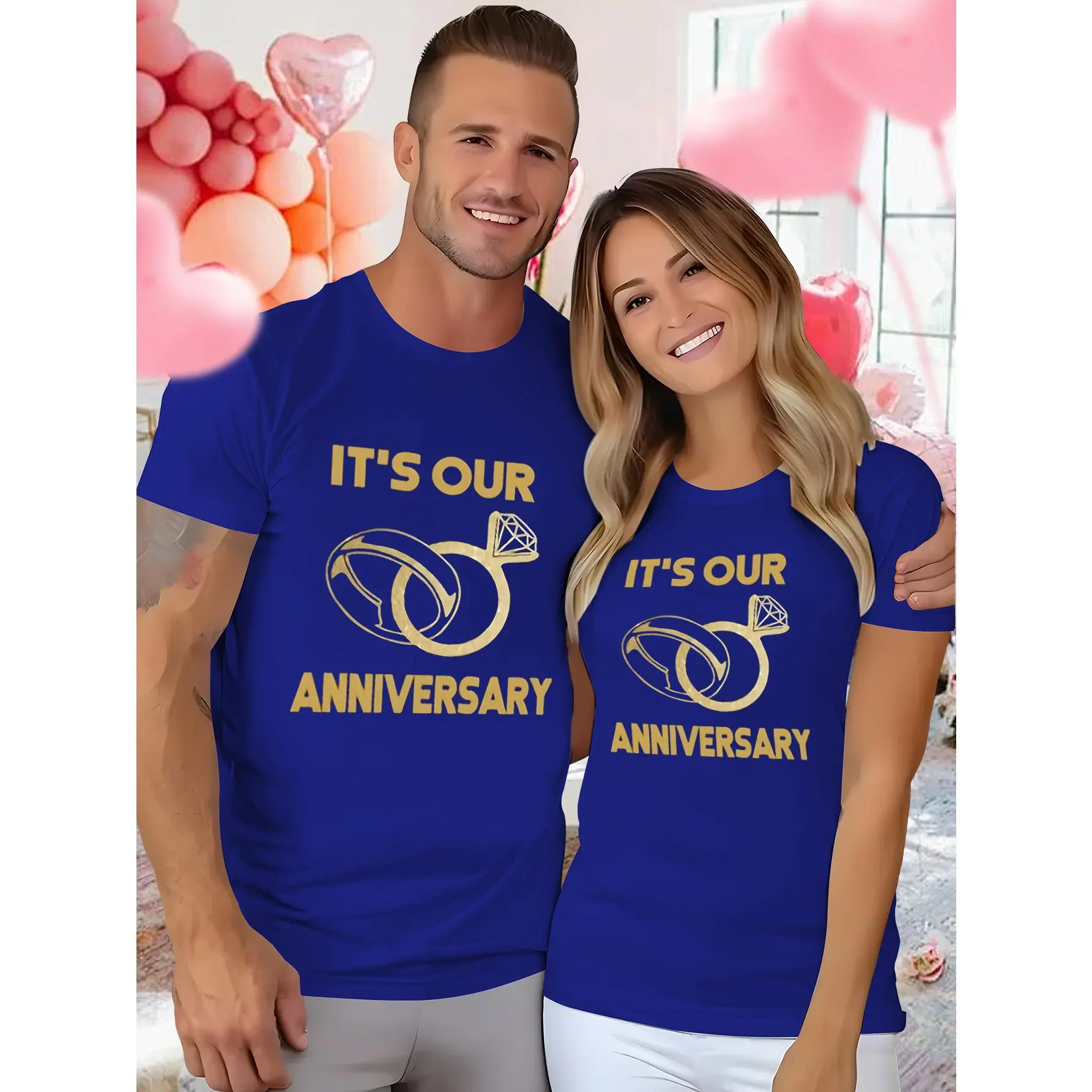 Matching Couple Clothes - "It's Our Anniversary" Golden Solid Print, 100% Cotton Chic Round Neck Shortsleeve Sports Tops, 100% Cotton Round Neck, Machine Washable Romantic Anniversary Gift for Men, Women